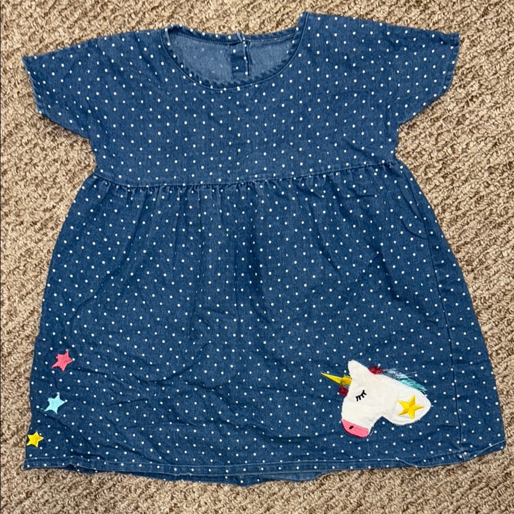 Blue denim Polka Dot Dress with Unicorn Patch